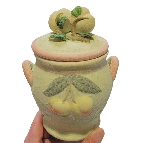 Set of 2 Crackle Ceramic Pastel Green Apricot Fruit Jars with Lids (EUC) - Picture 6 of 8